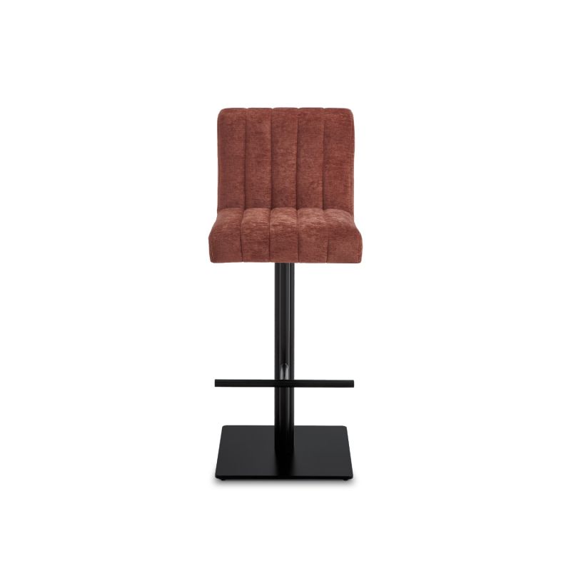 Square bar stool with upholstered in rust coloured fabric with fluting details