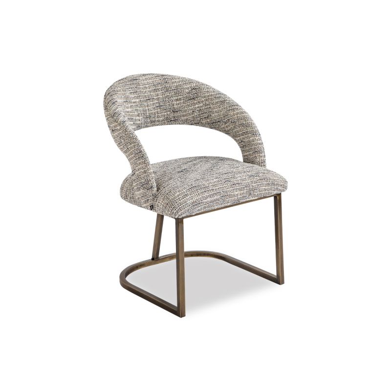 Modern silhouette dining chair with bronze frame and sherpa grey upholstery