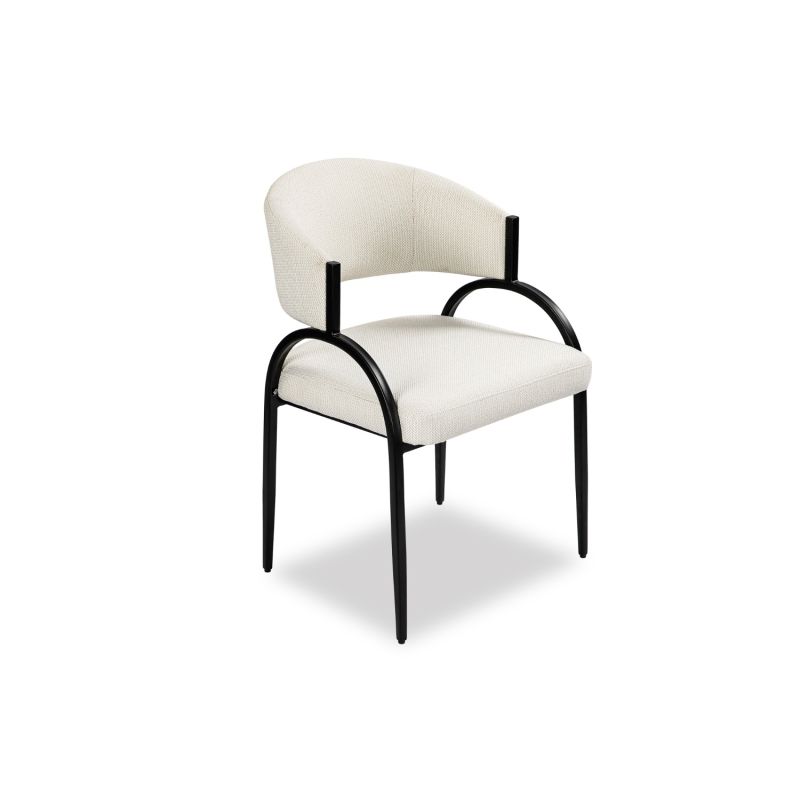 Elegant beige upholstered dining chair with arched black steel legs