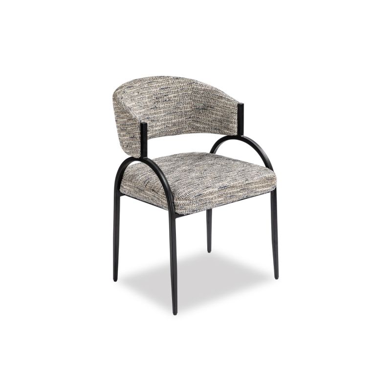 Elegant textured grey upholstered dining chair with arched black steel legs