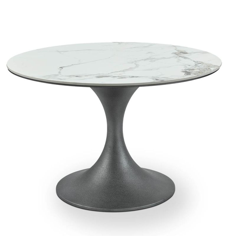 Curvaceous circular dining table with grey base and marble effect top