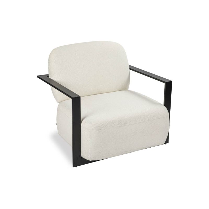 Cream upholstered armchair with angular black arms