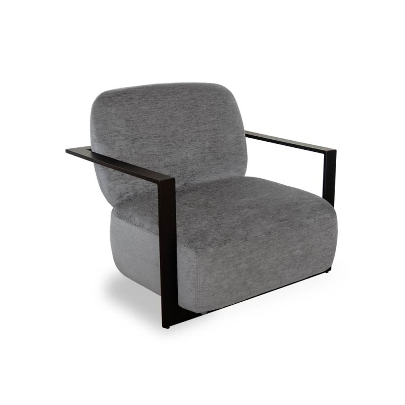 Dark grey upholstered armchair with angular black arms