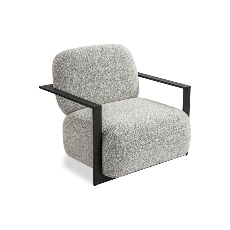 Grey boucle upholstered armchair with angular black arms