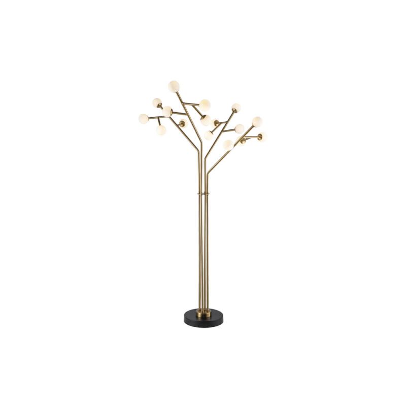 Tree-like floor lamp with brass stem and 16 round shades