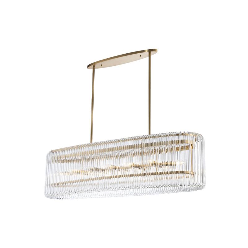 Gorgeous ceiling light with brass accents and design consisting of clear glass rods