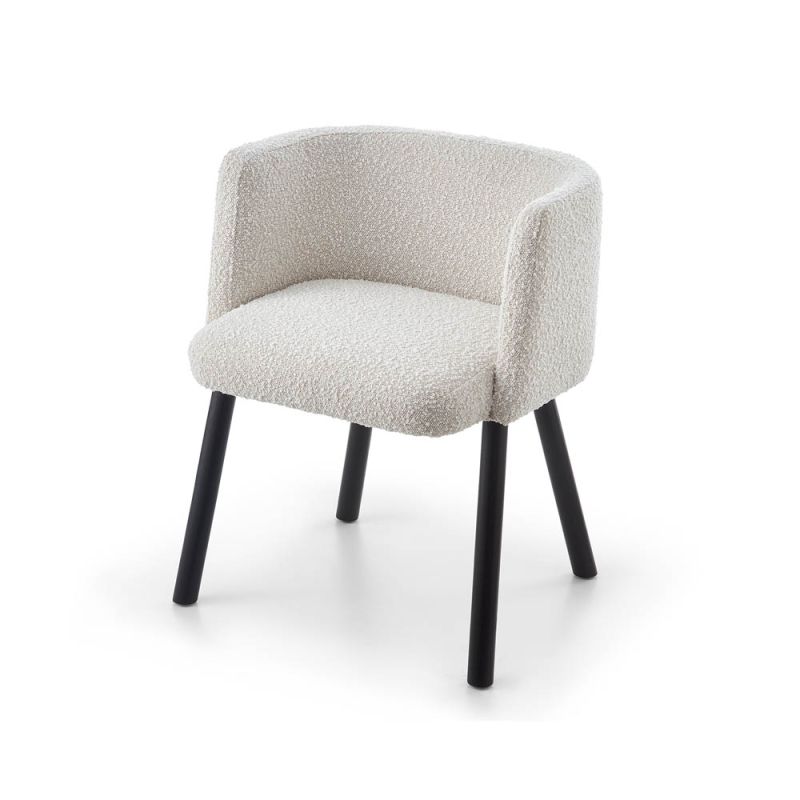 Boucle dining chair with wrap-around backrest and tapered legs