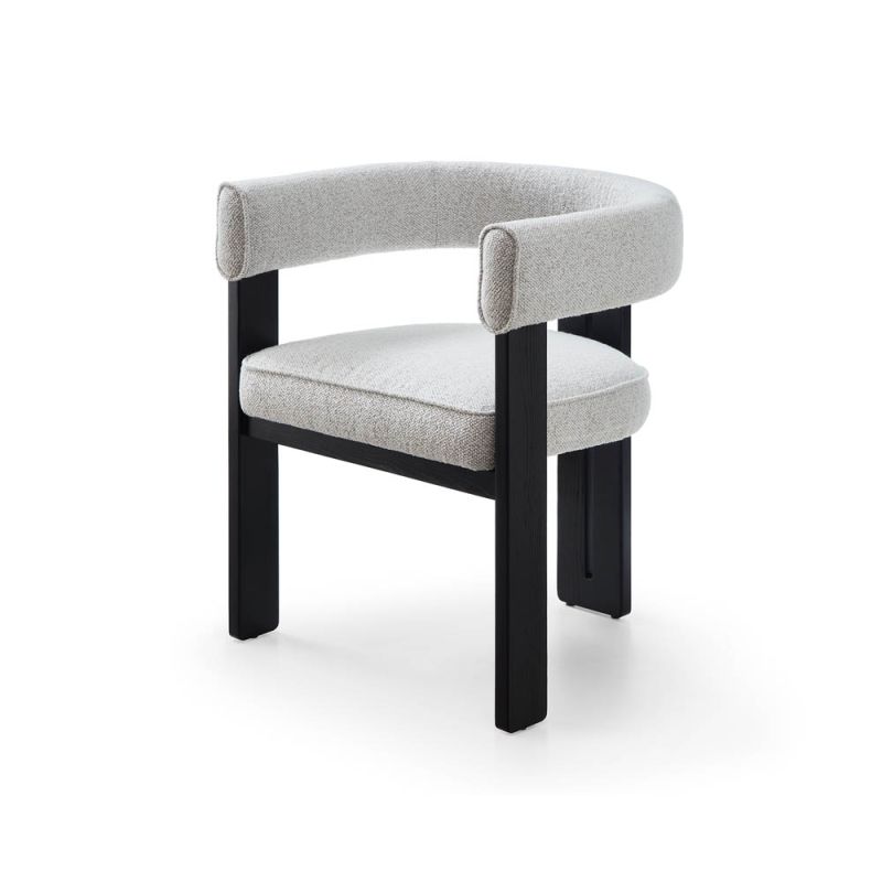 Grey linen armchair with rounded back and three black legs 