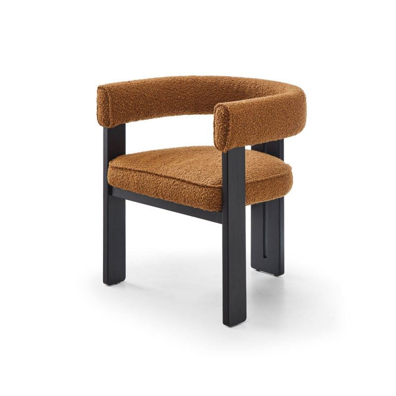 Orange boucle dining chair with three black legs