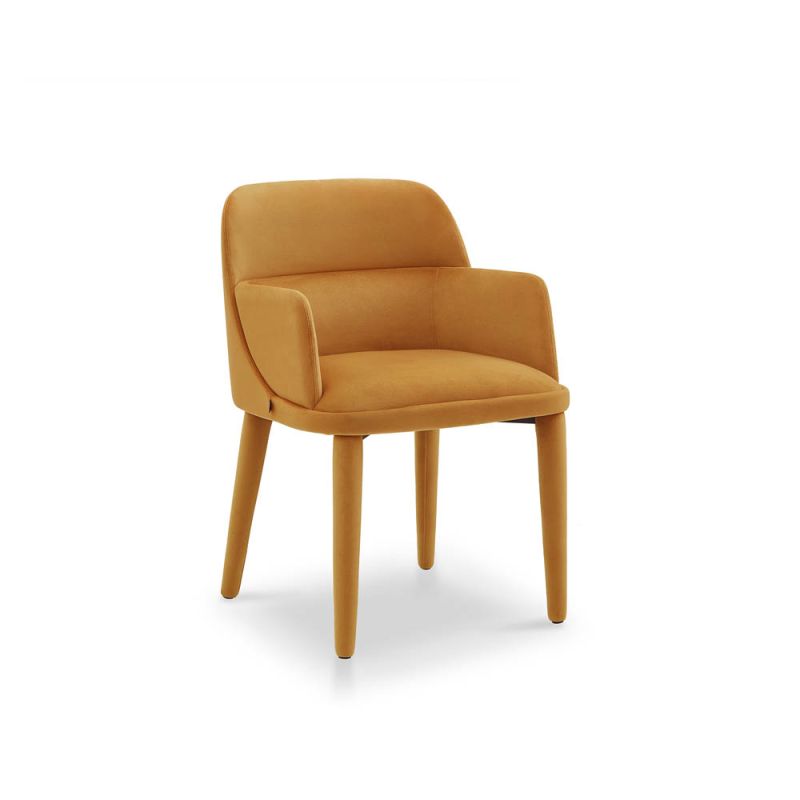 Mustard coloured dining chair with arms upholstered in recycled velvet