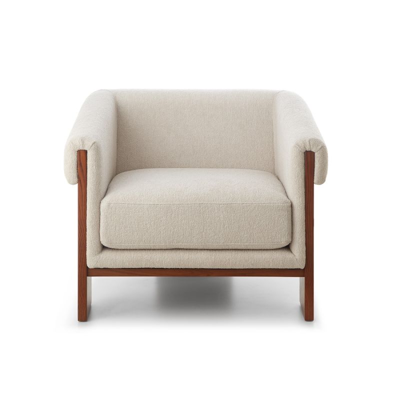 A sophisticated armchair with a contemporary design, luxury upholstery and classic brown finish