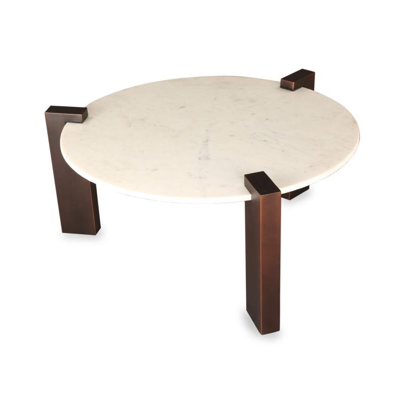 Coffee table with bronze feet overlapping round marble top