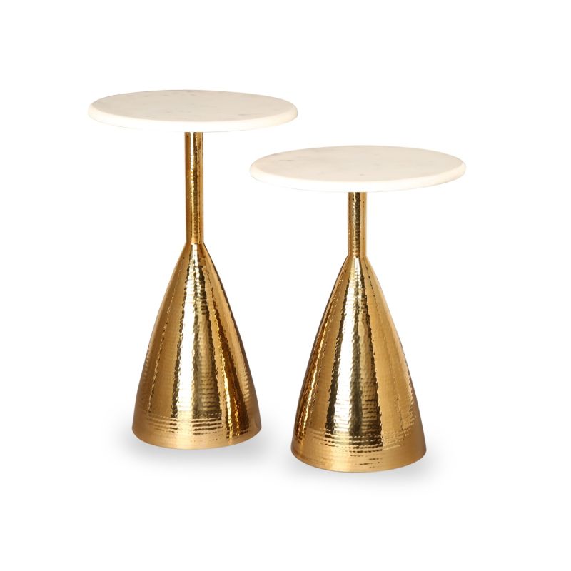 Conical base gold side tables with round marble top