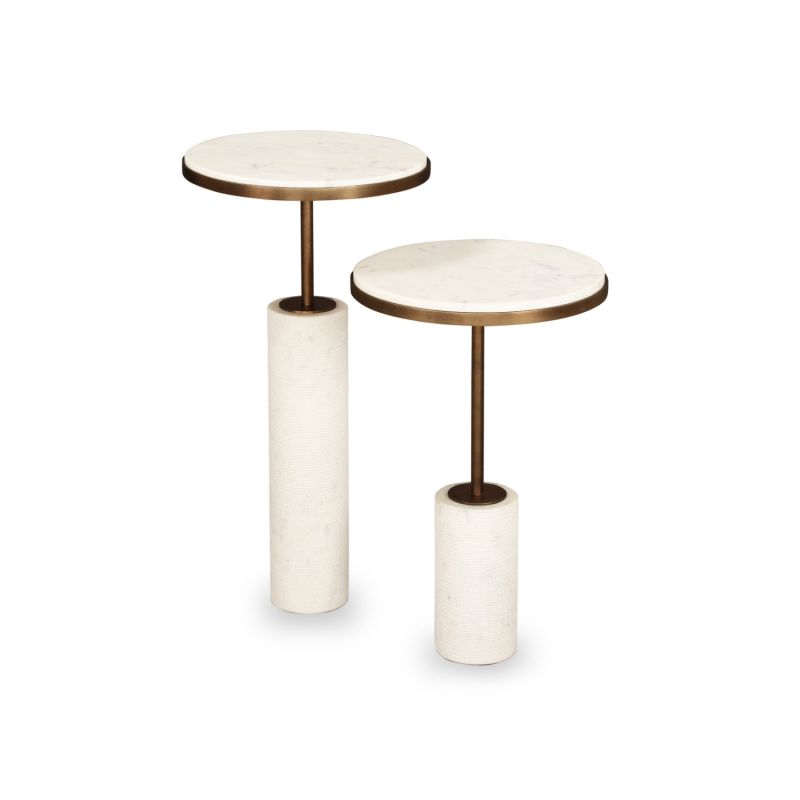 Pair of slender silhouette side tables with round, white marble top