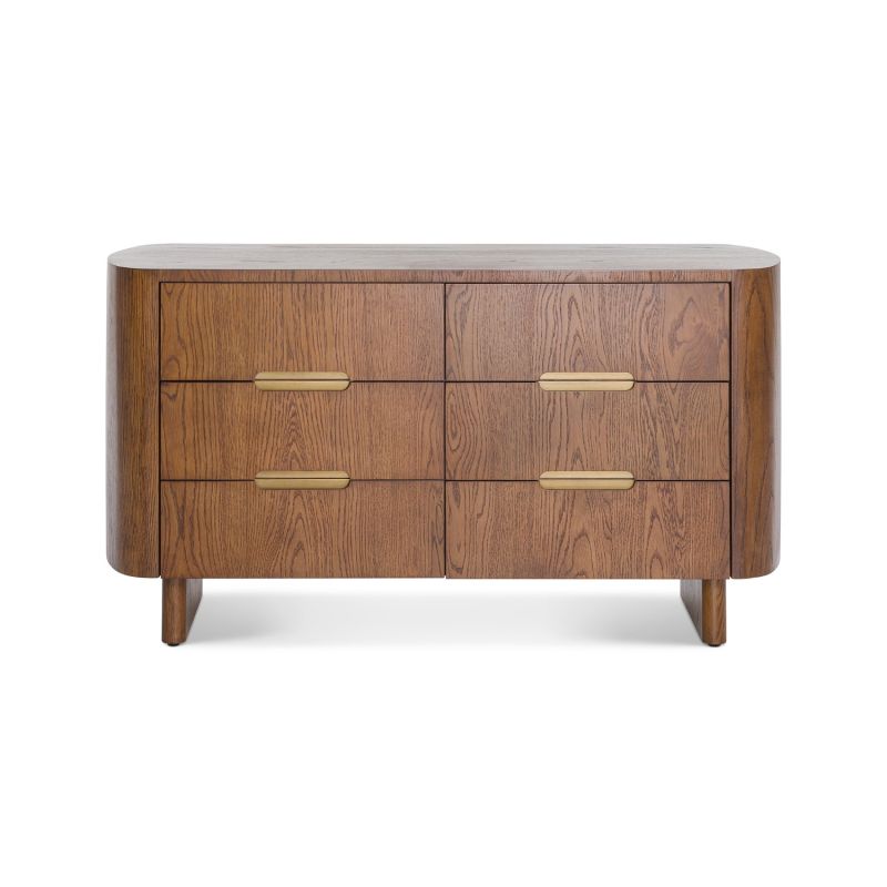 Contemporary warm brown wood chest of 6 drawers with rounded edges and brass details