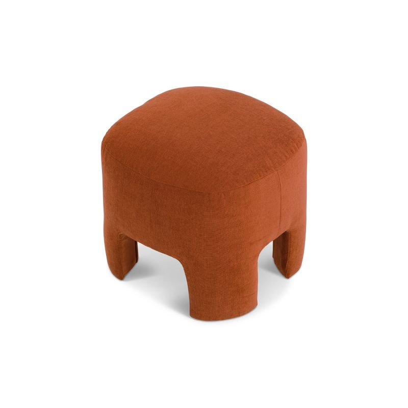 Rounded silhouette footstool with short, wide legs upholstered in rust coloured fabric