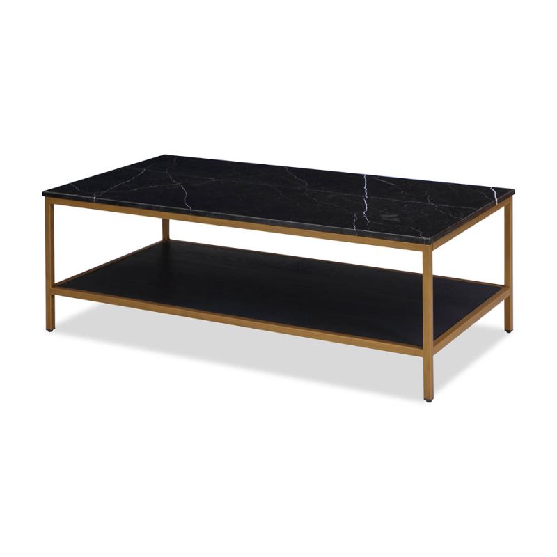 Black marble rectangular coffee table with wooden lower shelf