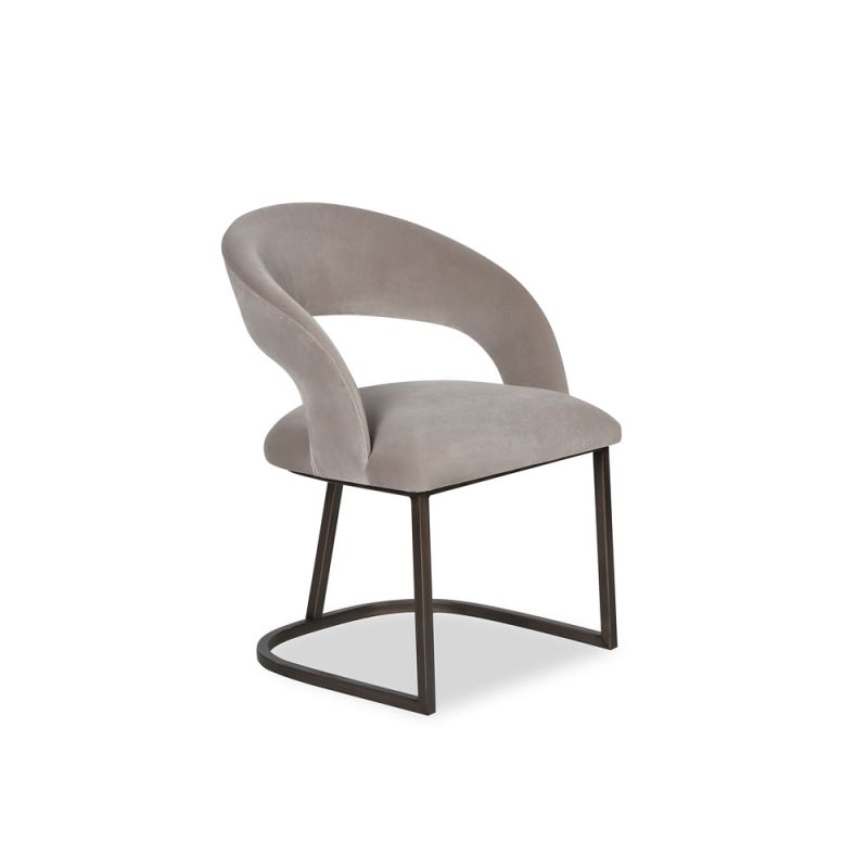 Curved back dining chair in greige velvet with bronze base frame