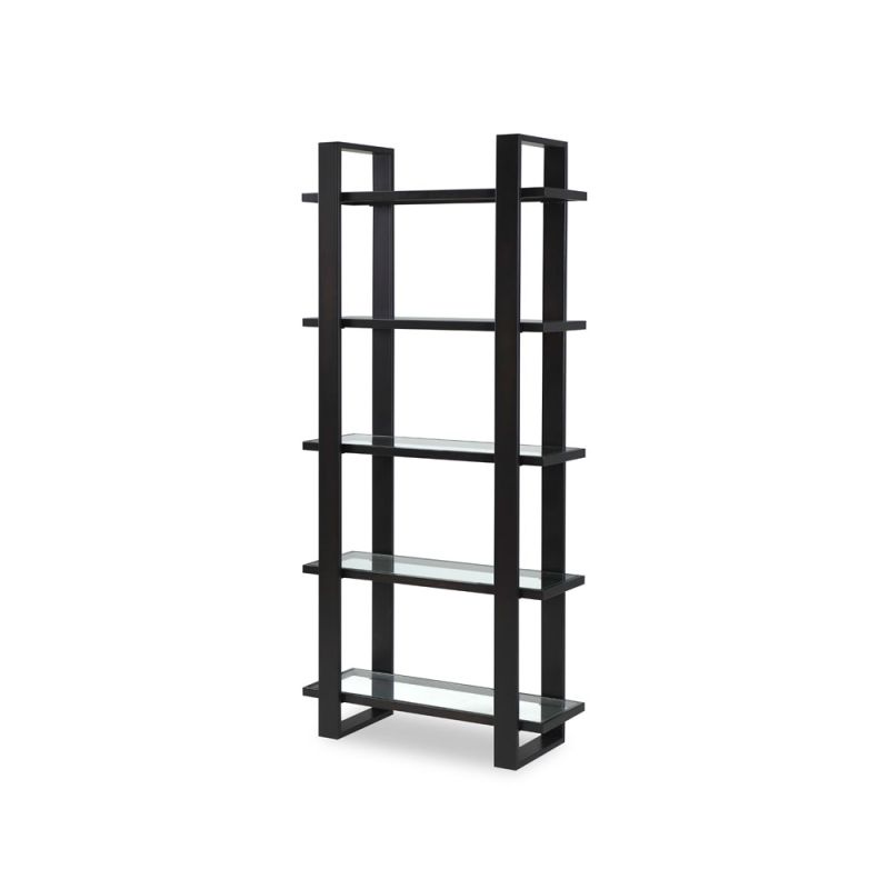 Black structured shelving with glass panel shelves