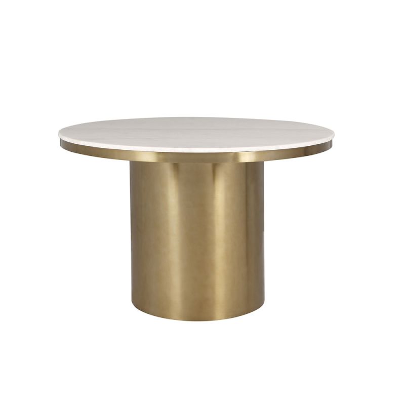 Round dining table with beautiful brushed brass finish and clean white marble top