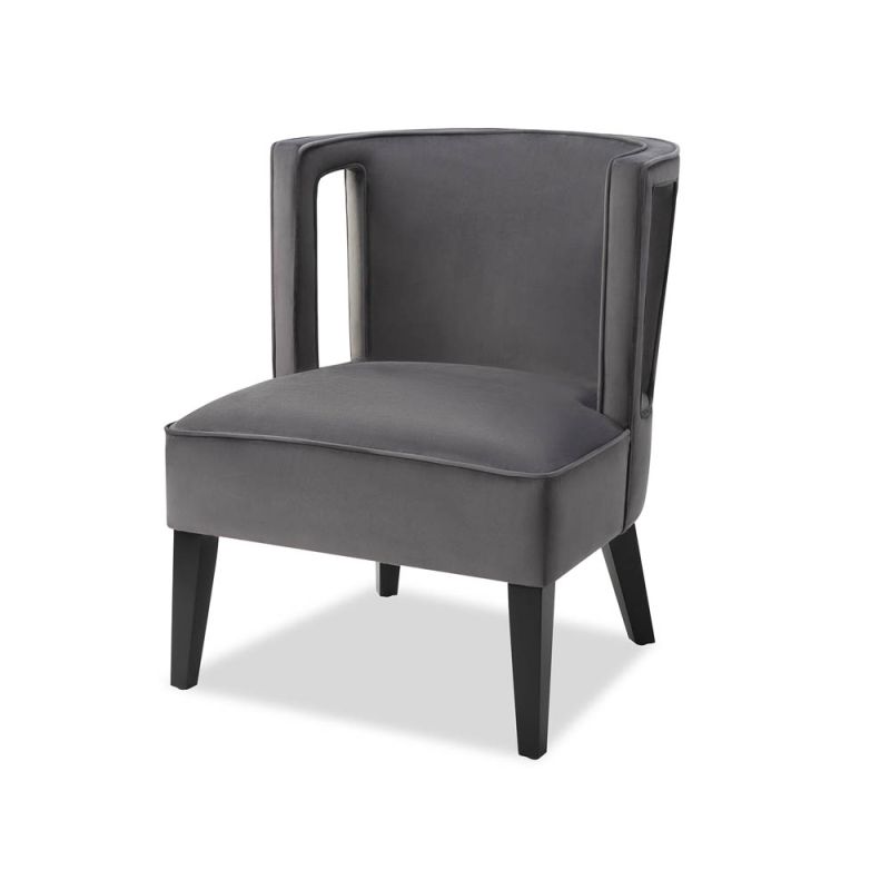 Grey chair with softly curved backrest and cut-out feature