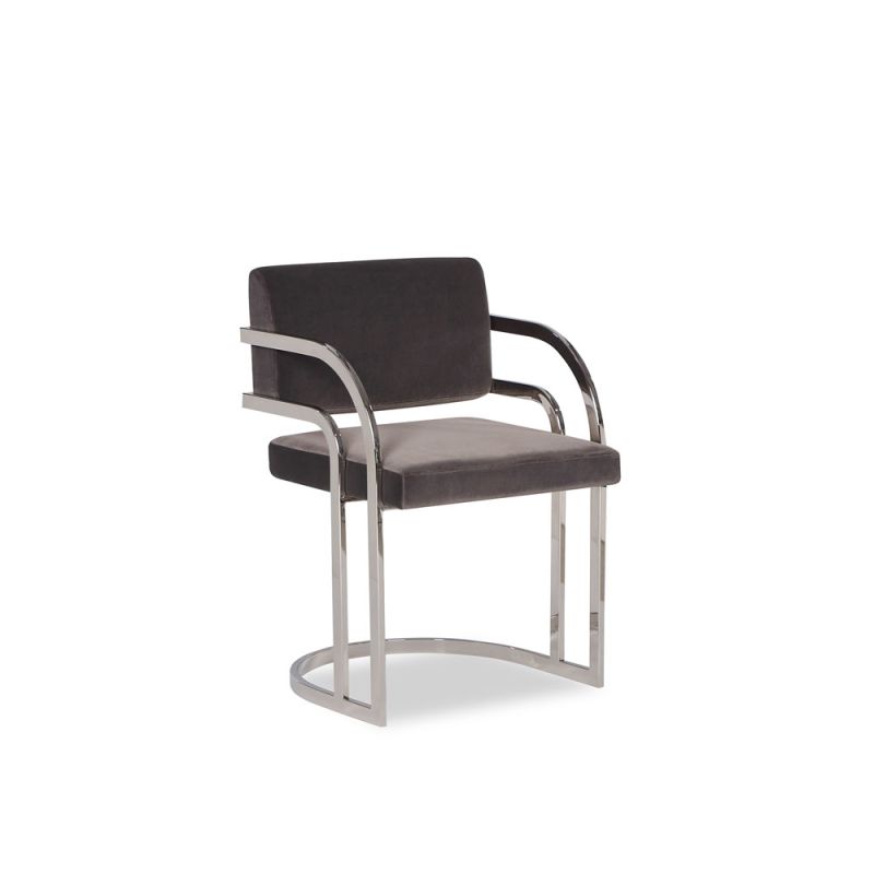 Grey velvet chair with art deco arched arms in nickel 