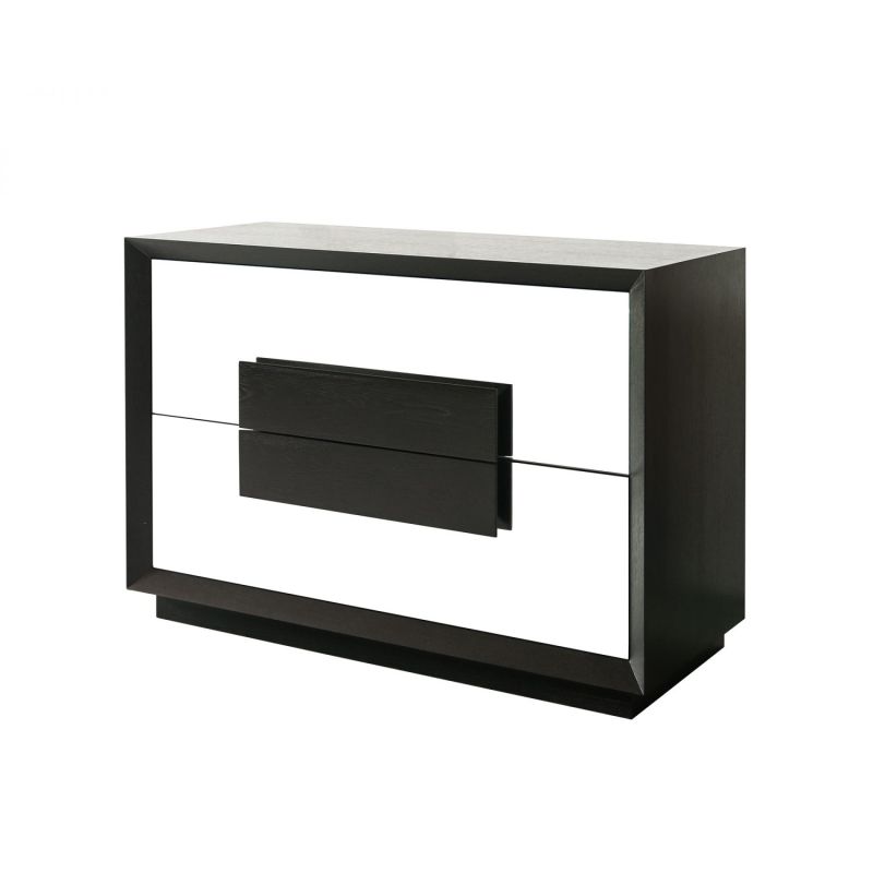 Dark wooden chest of drawers with mirrored front