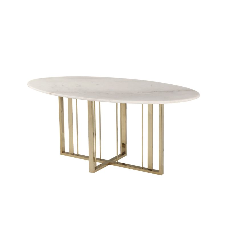 White marble top dining table with brass geometric legs