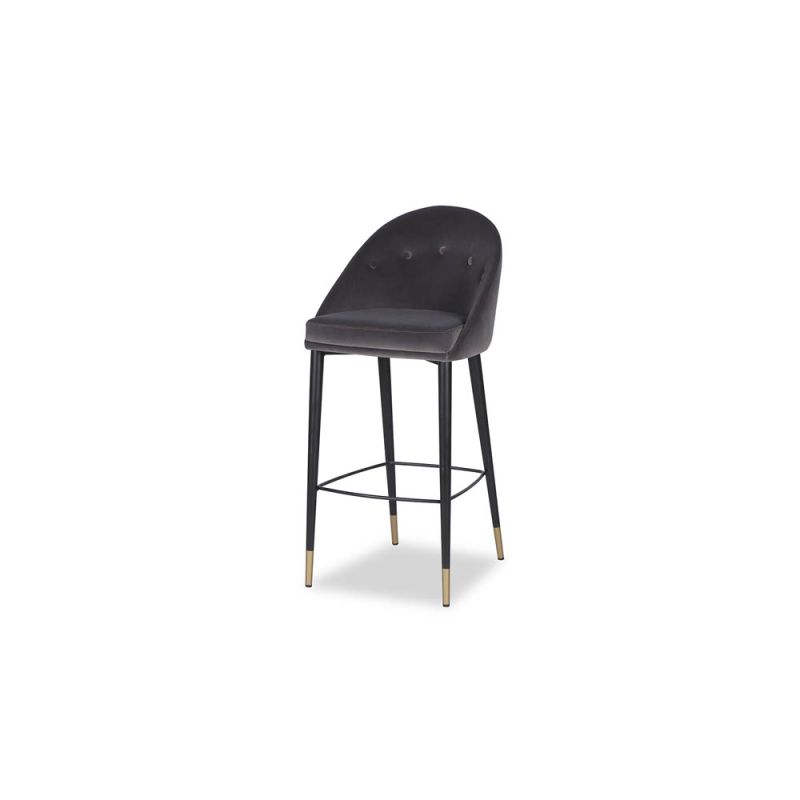 Buttoned back deep grey velvet bar stool with brass capped feet