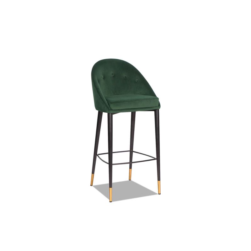 Emerald velvet upholstered bar chair with buttoning details and brass capped feet