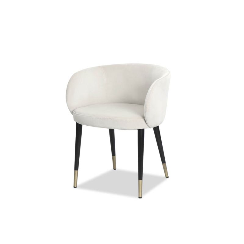 low back wrap around dining chair in white velvet with black legs and brass capped feet