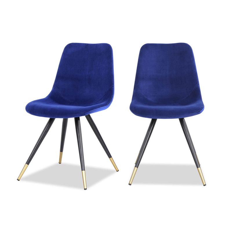 Royal blue velvet upholstered chair with tapered black legs and brass caps