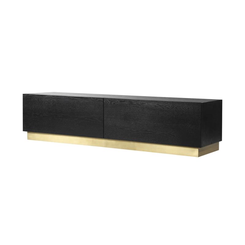 Bold black tv unit with two cupboards and brushed brass base