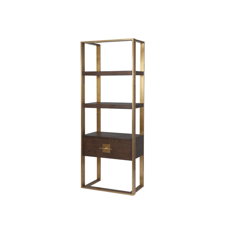 Brass framed shelving with wooden shelves and a drawer for storage