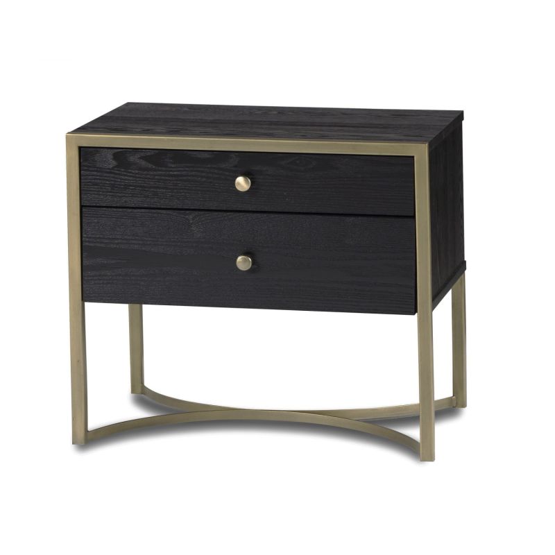 Dark wood side table with two drawers, curved legs and brass accents