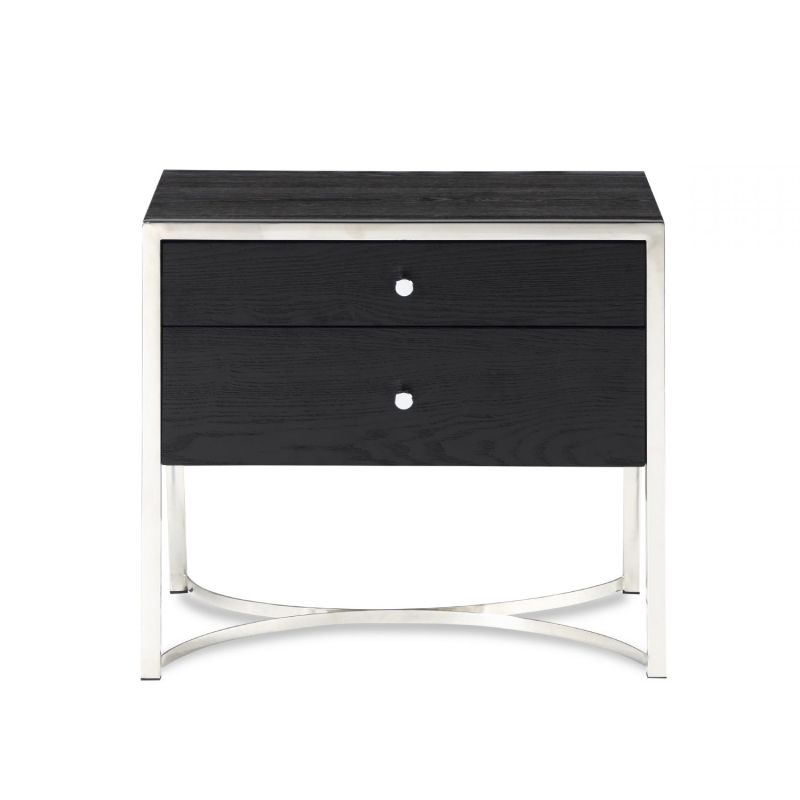 Black ash wood two drawer side table with silver accents and curved legs