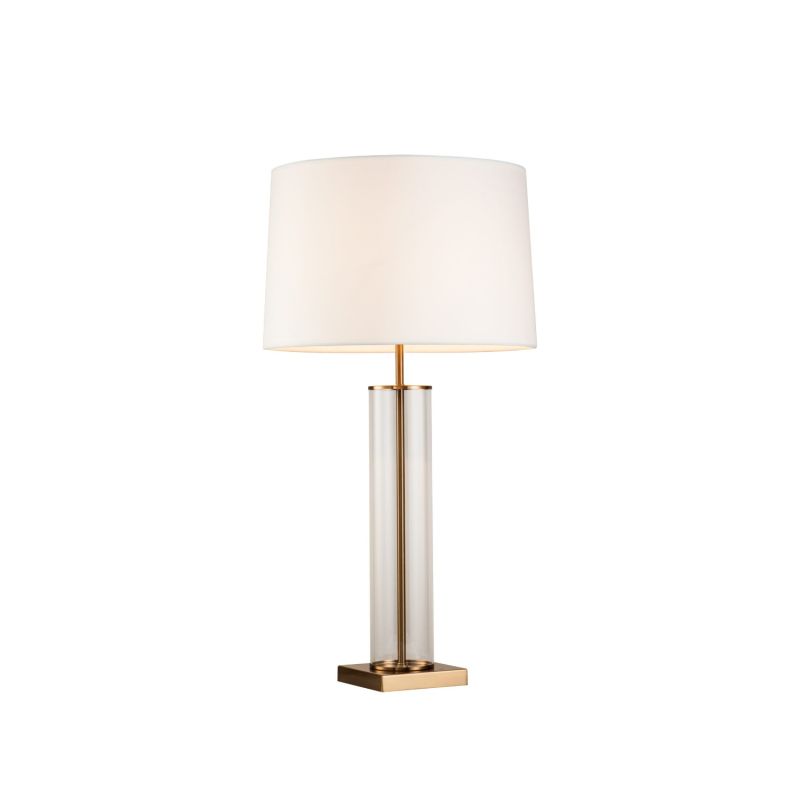 Contemporary table lamp with glass tube design and antique brass finish