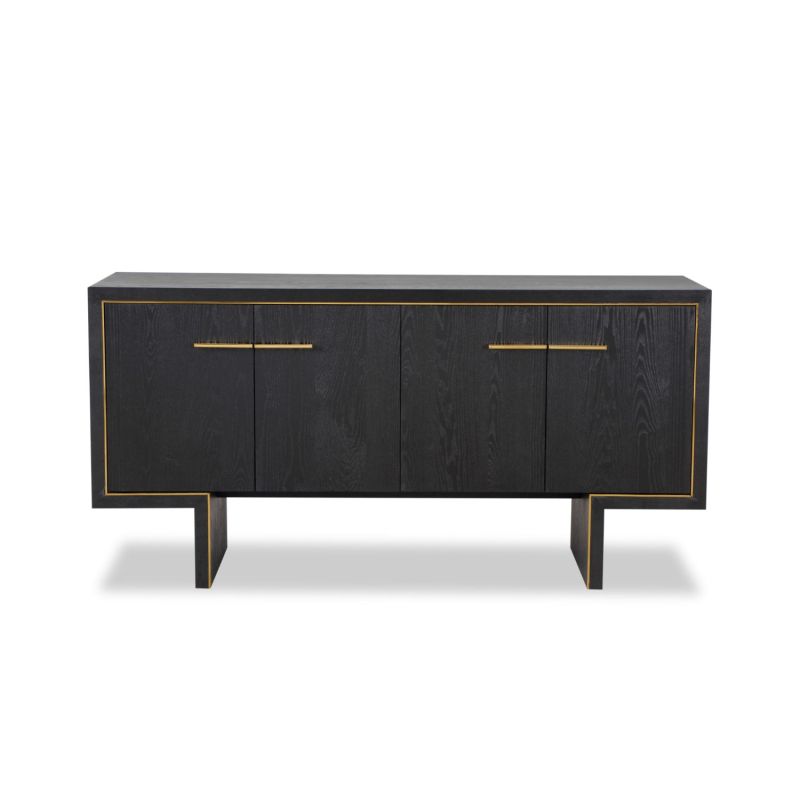 Sleek black sideboard with brass handles and frame