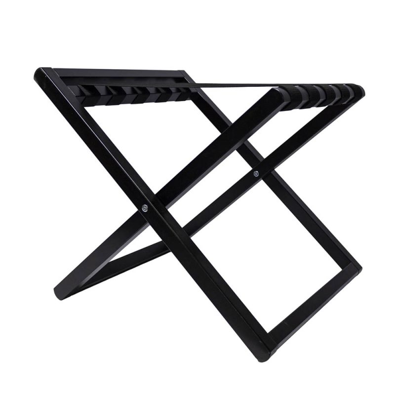 Black wooden luggage rack complete with sleek straps