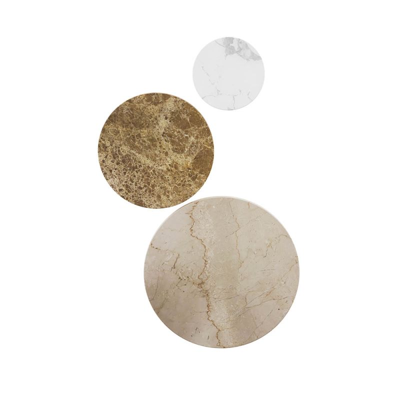 Neutral travertine style circular wall mounts in set of 3