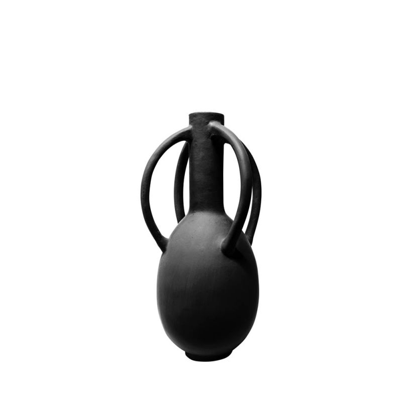 Black terracotta tall vase with matte finish and four handles