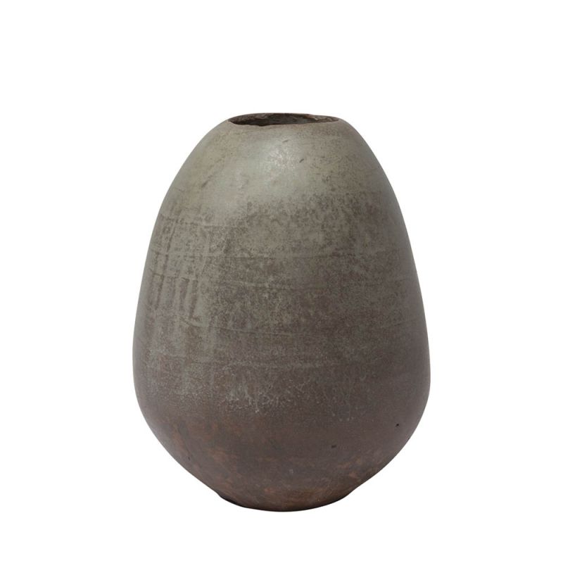 Organically shaped brown terracotta vase with distressed finish