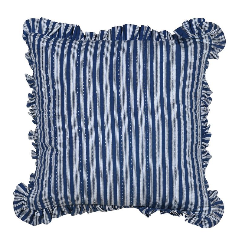 Square cushion in blue stripe design with ruffled edges.