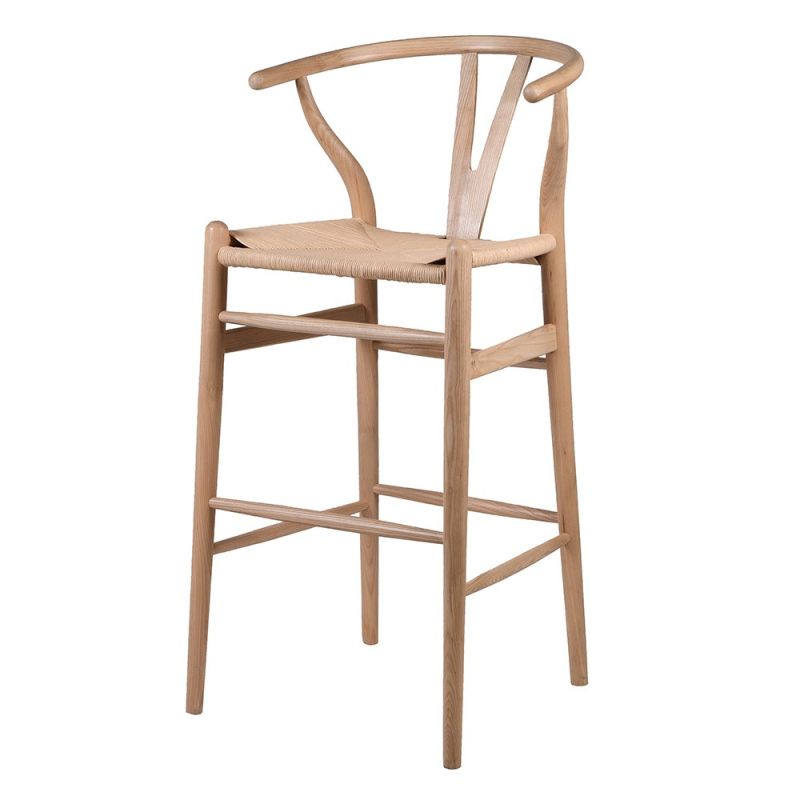 A stylish Scandinavian-inspired bar stool with an open back design and rattan seat