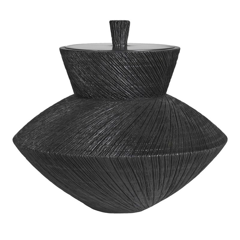 Black polyresin pot with lid