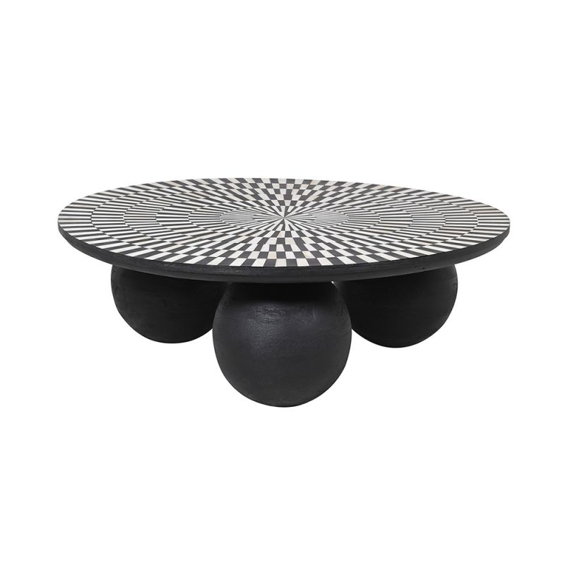 A stunning coffee table with a sunray design inlaid with bone and three statement spherical legs