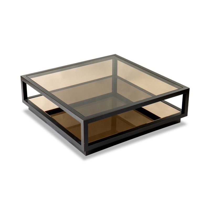 Bold black edged coffee table with antique gold finish glass top and bottom