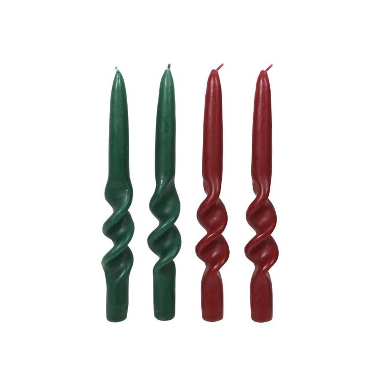 Set of four wiggle shaped dinner candles, two red & two green