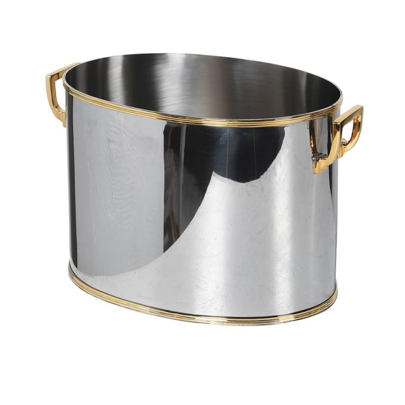 A glamorous wine cooler crafted from stainless steel with brass detailing 