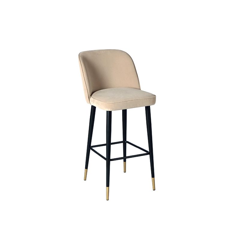 Sleek and simple silhouette bar stool in beige velvet upholstery